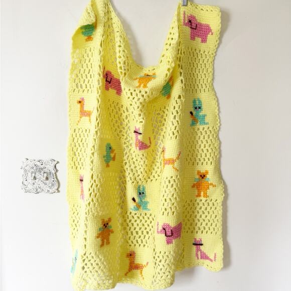 Handmade Other - Vintage Handmade Yellow Crochet Knit Baby Blanket Animals Gender Neutral